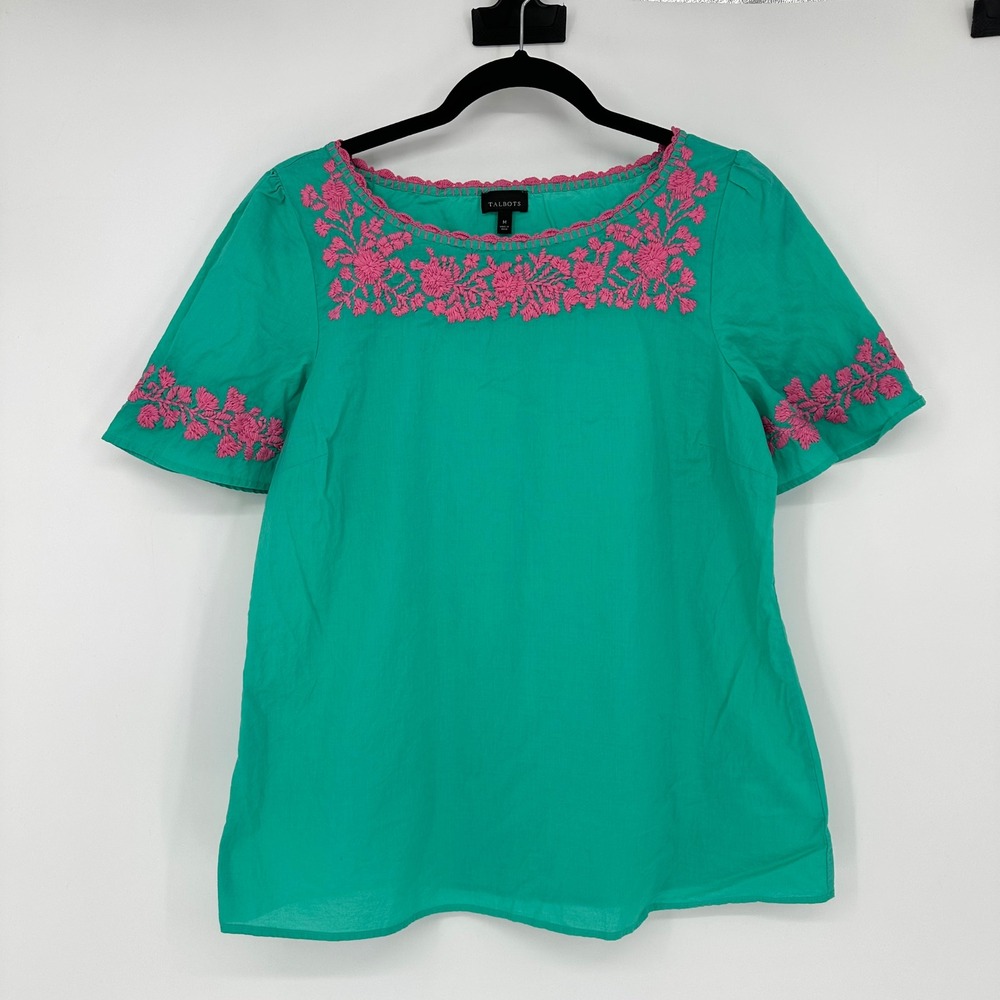 Talbots Embroidered Flutter Sleeve Teal Pink Floral Boho Peasant Whimsy Blouse M